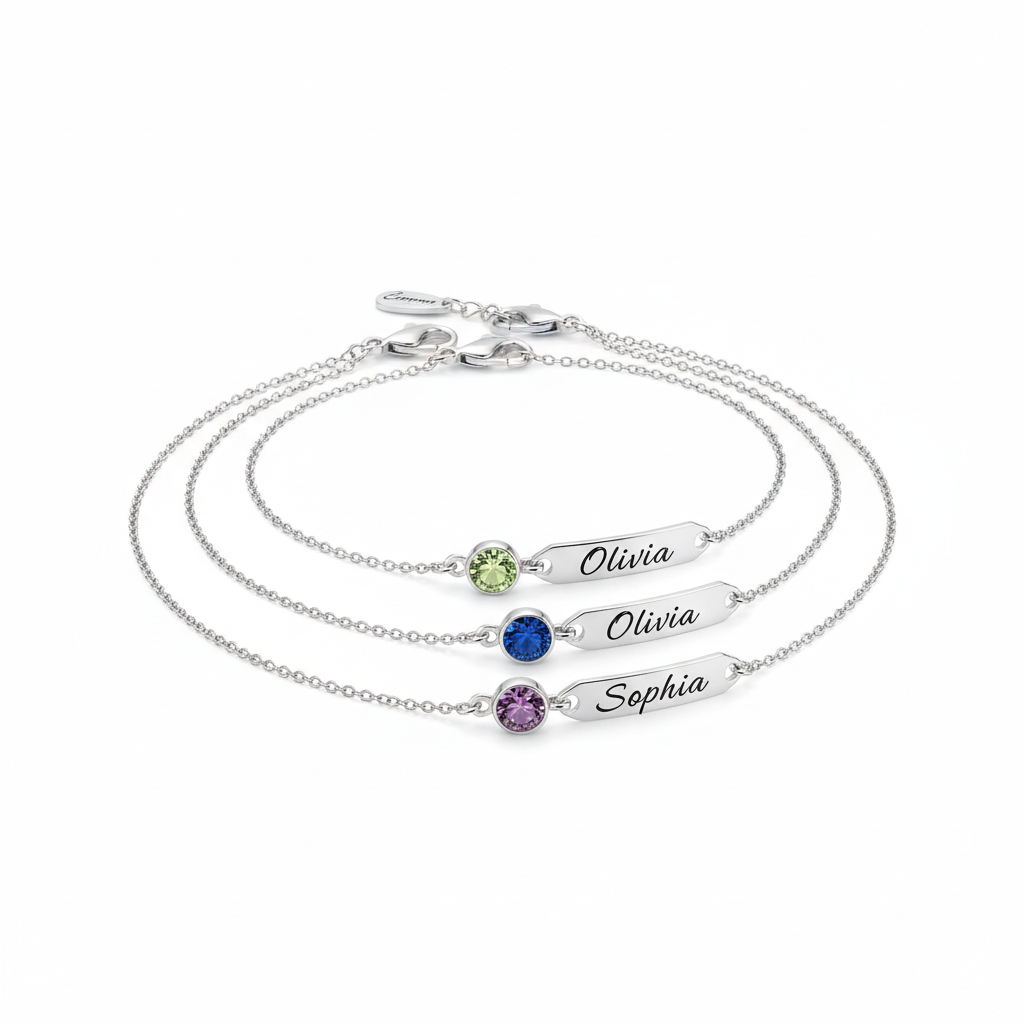 Custom Birthstone Bracelet with Name Tag