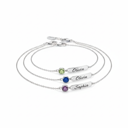 Custom Birthstone Bracelet with Name Tag
